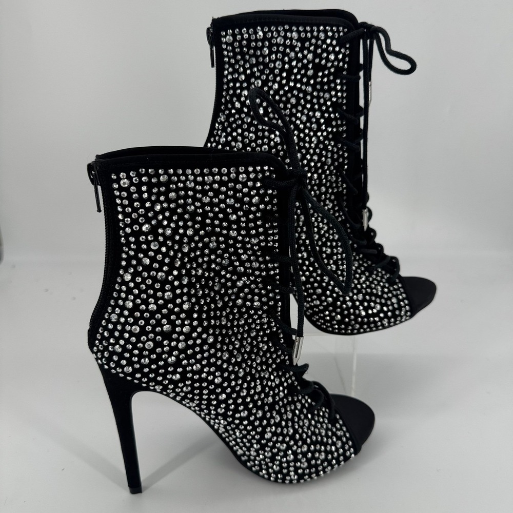 Mackenzie Black Rhinestone Lace Up Peep Toe Stiletto Ankle Booties 7.5